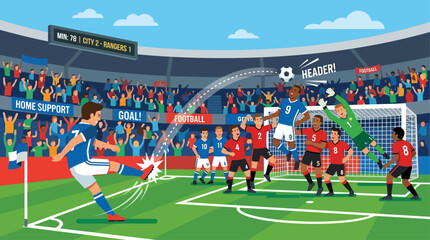 Professional soccer match corner kick action in a packed stadium with players competing for a header near the goal post and net © john