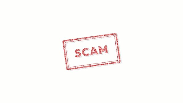 Red scam rubber stamp animation on white background. 4K Video