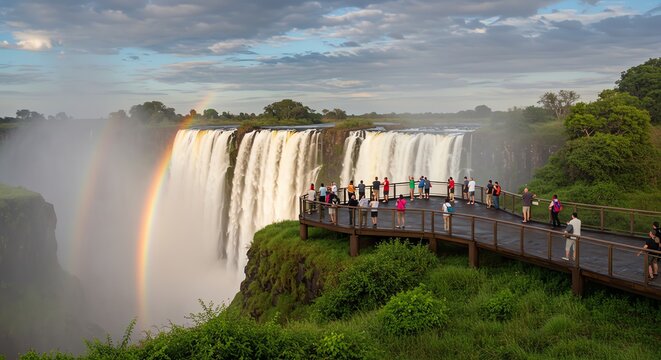 Tourists Admiring The Majestic Victoria Falls With A Vibrant Rainbow