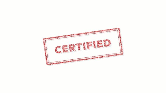 Red rectangular certified rubber stamp animation on white background. 4K Video