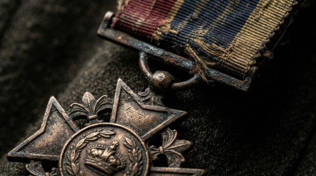 Military Medal Badge Displayed On Fabric In Close Up Detail