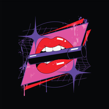 Retro style illustration of red lips biting a cigarette with purple and pink geometric shapes and spider web motif, symbolizing rebellion and retro aesthetic