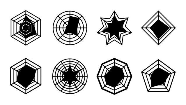 Diverse Radar Charts Set, Spider Web Diagrams, Data Visualization Icons, Analytical Graphics