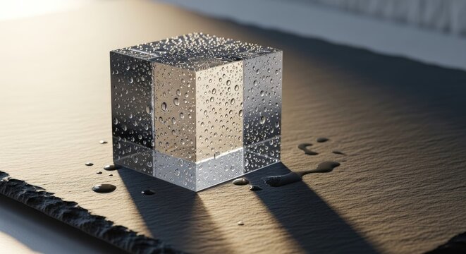 Chrome cube with condensation on textured stone surface.