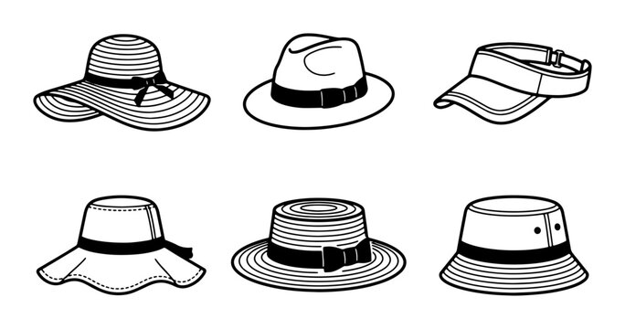 Diverse Hat Collection Vector Icons: Sun Hats, Fedoras, Visors, Bucket Hats for Fashion & Summer Style