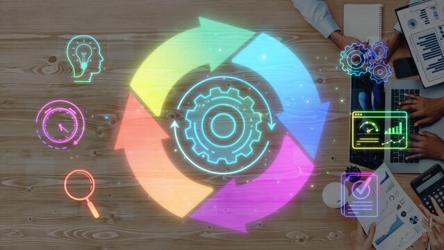 Colorful Digital Circular Process with Workflow Icons on a Wooden Desk Representing Business Strategy and Efficiency in Modern Work Environment Sigmoid