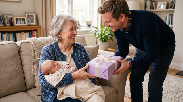 Man gives a beautifully wrapped gift to his smiling mother holding her newborn grandchild, celebrating family connection and generosity end of year vacation