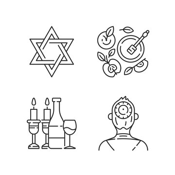 Jewish symbolism linear icons set. David star. Apples and honey pot. Kosher wine. Kippah, yarmulke. Customizable thin line contour symbols. Isolated vector outline illustrations. Editable stroke