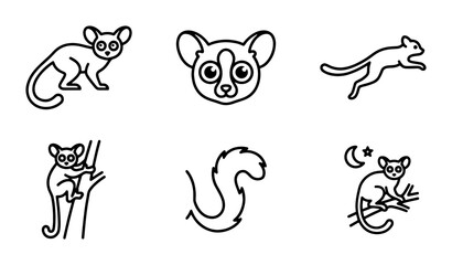 Tarsier Icons Set, Cute Primate Vector Graphics, Small Mammal Line Art Collection, Wildlife Illustration Elements