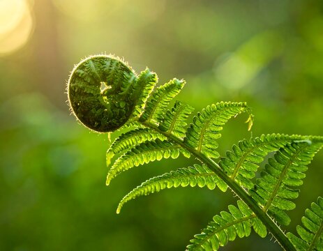 Close-up of a green fern leaf with water droplet.