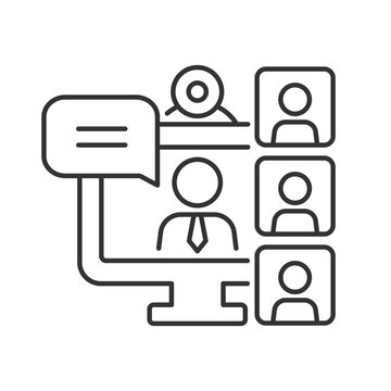 Video conference linear icon. Virtual chat with group. Business team communication remotely. Thin line customizable illustration. Contour symbol. Vector isolated outline drawing. Editable stroke
