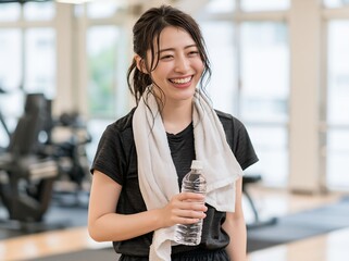 Fototapeta premium スポーツジムで笑顔の女性がトレーニング後に水分補給する姿