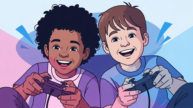 Two joyful children playing video games with handheld controllers in a fun casual home setting