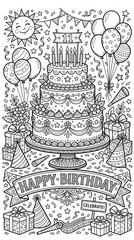 Naklejka premium Detailed Three Tier Birthday Cake Coloring Page Featuring Festive Decorations Balloons Sun and Gift Boxes for Creative Celebratory Art Projects