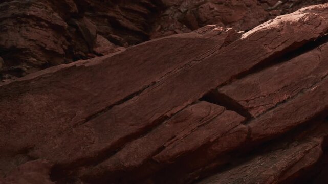 The scene shows a large rock formation on dry ground. The sunlight highlights the texture of the rock. Surrounding terrain appears rugged with sparse vegetation.