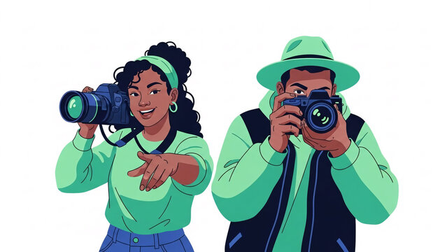Two professional photographers holding cameras and capturing images in a flat vector art style illustration