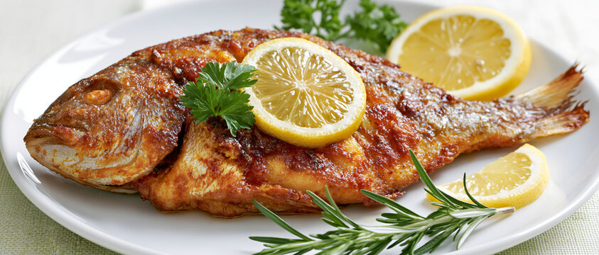 Roasted fish with lemon and herbs on a white plate close up food photography baked fish bream citrus close up cooking culinary