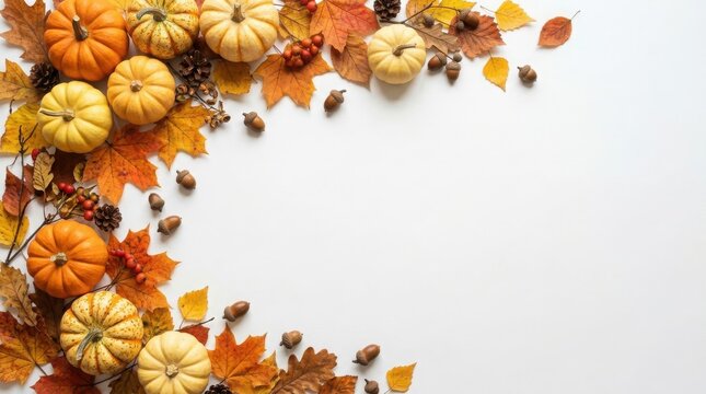 Festive thanks giving day arrangement pumpkins leaves and acorns on white background