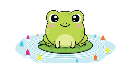 Fototapeta premium Cartoon frog perched on a lily pad in a tranquil pond surrounded by floating candles and playful whimsy.