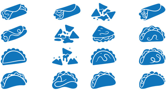 Mexican food icon set with blue vector illustrations of tacos burritos nachos and quesadillas for restaurant menu design