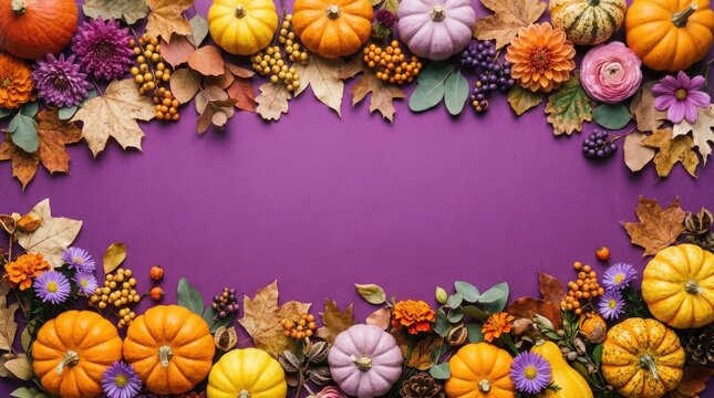 Festive thanks giving day arrangement pumpkins autumn leaves flowers on purple background