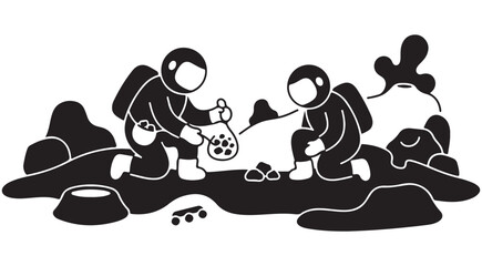 Vector illustration of two astronauts collecting rock samples on a moon surface for space exploration design © Peng
