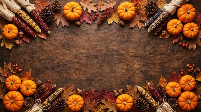 Festive thanks giving day border pumpkins corn autumn leaves on wood