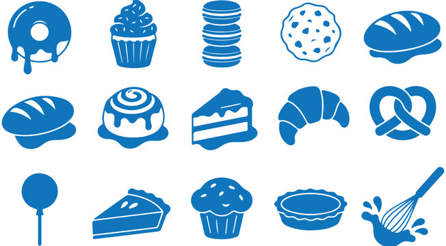 Bakery and pastry blue vector icons set featuring donut cupcake macaron bread croissant cake pretzel and baking whisk