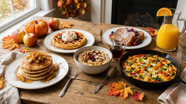 Festive thanks giving day breakfast spread pancakes waffles and fresh orange juice