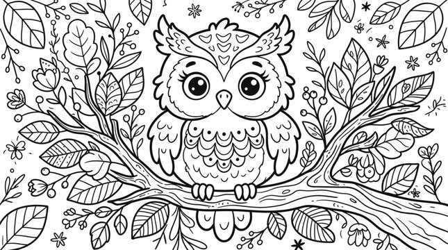 Charming owl illustration with floral branch intricate line art for adult coloring pages