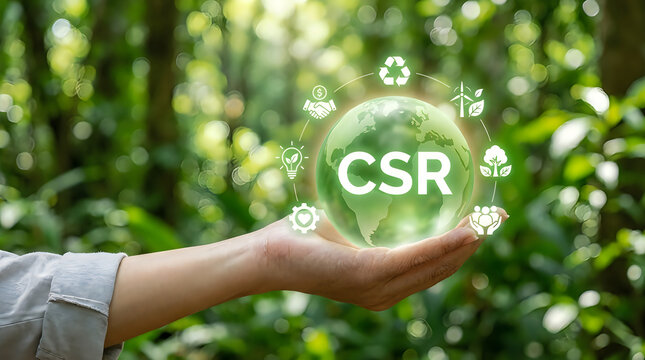 Corporate social responsibility csr concept, human hand holding a glowing green globe with environmental and social icons on a blurred nature background