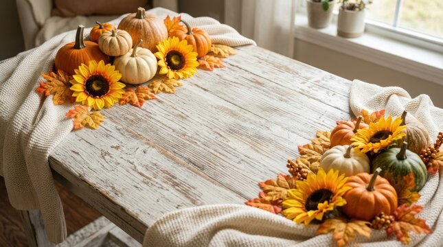 Festive thanks giving day table setting with pumpkins sunflowers and autumn leaves