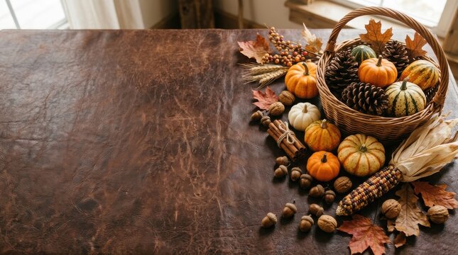 Festive thanks giving day still life pumpkins autumn leaves and rustic fall decor