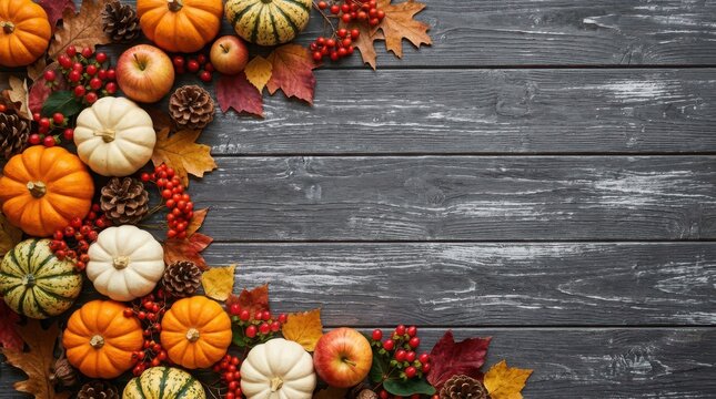 Festive thanks giving day arrangement pumpkins apples and autumn leaves on wood
