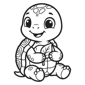 Cute baby turtle holding a leaf line art drawing for kids coloring page vector design.