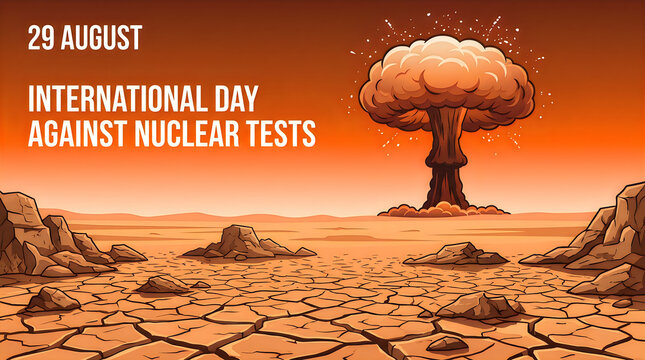 International day against nuclear tests, 29 august, conceptual illustration with a nuclear explosion in a desert landscape