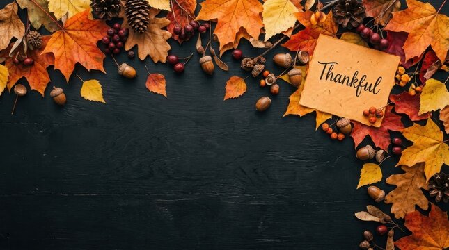 Festive thanks giving day arrangement autumn leaves acorns and 'thankful' card
