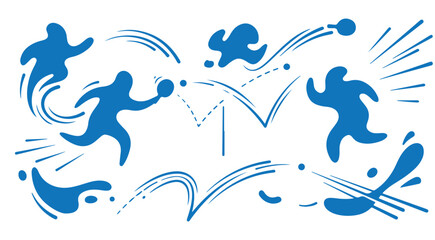 Fototapeta premium Blue vector silhouettes of table tennis players with rackets and balls in motion for sports design