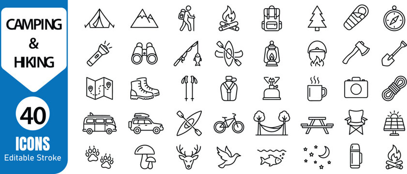 Camping and outdoor adventure line icon set. Hiking, trekking, wilderness survival gear, nature travel, and campfire vector outline icons.