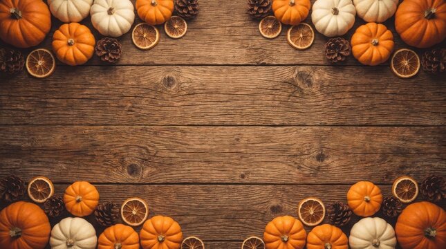 Thanksgiving day rustic frame pumpkins oranges pinecones on wood background