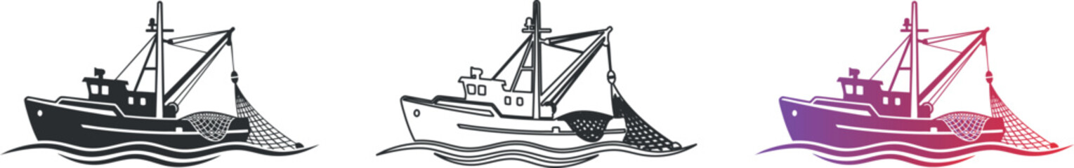 Stylized nautical fishing boats with nets and waves © Artem