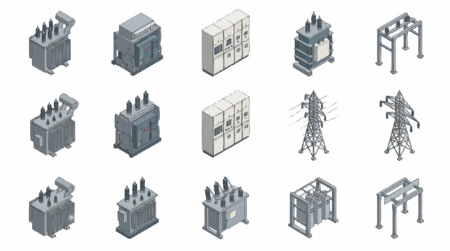 Collection of industrial electrical transformers and power lines.
