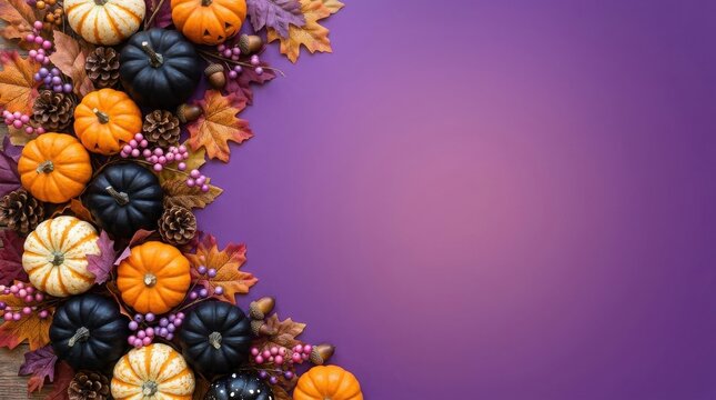 Festive thanks giving day banner pumpkins autumn leaves and pinecones for holiday celebrations