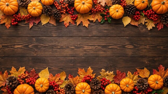 Festive thanks giving day arrangement pumpkins leaves and berries on rustic wood