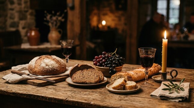 Warm thanks giving day feast rustic table setting with bread wine and grapes