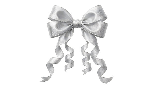 Elegant Silver Ribbon Bow with Curled Tails for Decoration and Gifting PNG Isolated on transparent background