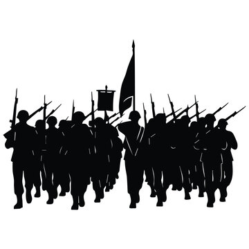 Group of marching soldiers in silhouette style vector illustration with line art design.