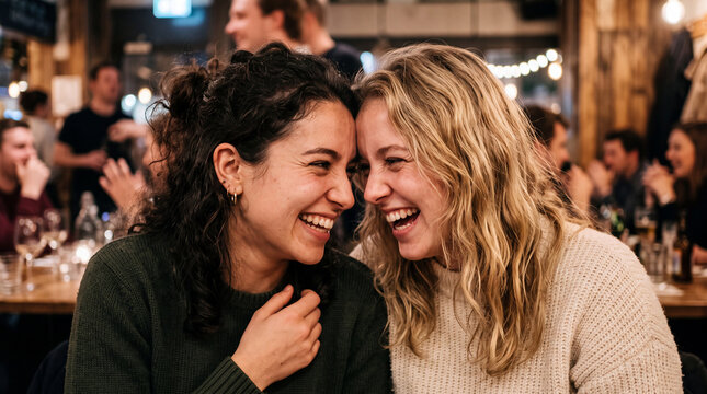 Back to school campus vibes. Two diverse female university students share a joyful laugh during their first day of classes on September 1st. Gen Z college friendship and academic lifestyle.