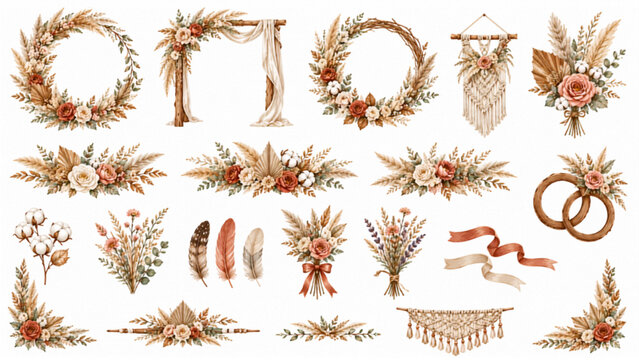 Boho Wedding Floral Wreaths Arches Pampas Grass and Macrame Elements Set