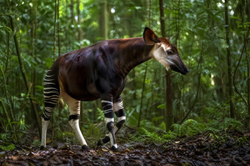 Naklejka premium Rare Okapi Standing in Dense Tropical Rainforest Habitat